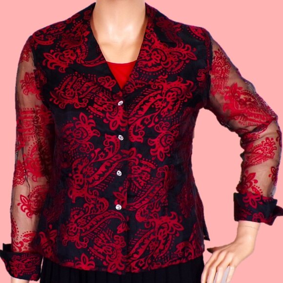 J.B.S. LTD size 16 black/red long-sleeve evening/special-event jacket poly/rayon - Picture 1 of 16